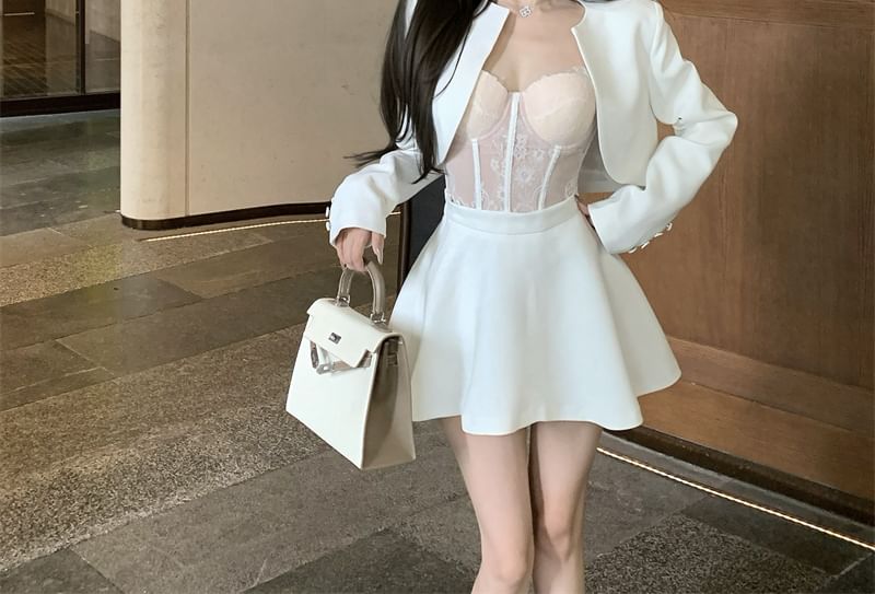 A-Line Cropped Open Plain Top High Mini / Front Lace Skirt Bustier Rise Jacket