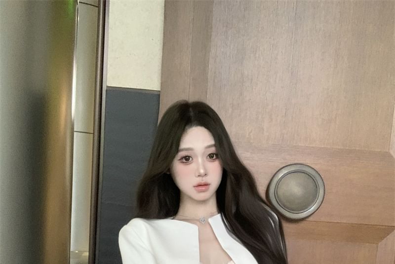 A-Line Cropped Open Plain Top High Mini / Front Lace Skirt Bustier Rise Jacket