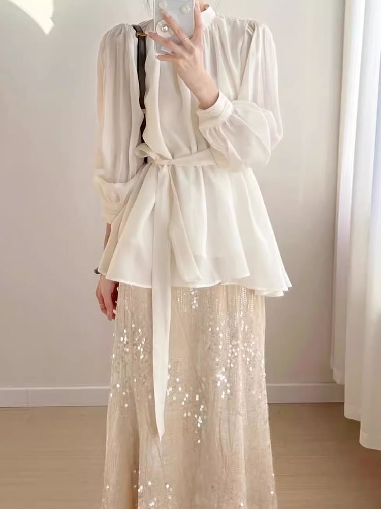 Long-Sleeve Collared Crepe Blouse Paired with Sequin Flared Midi Skirt