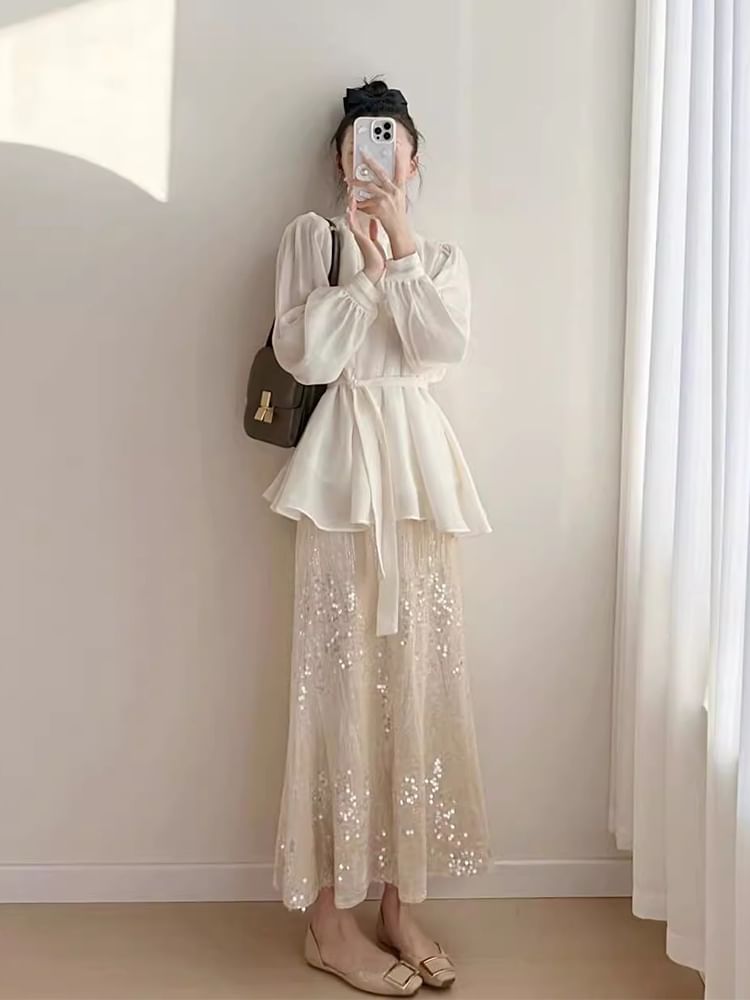Long-Sleeve Collared Crepe Blouse Paired with Sequin Flared Midi Skirt
