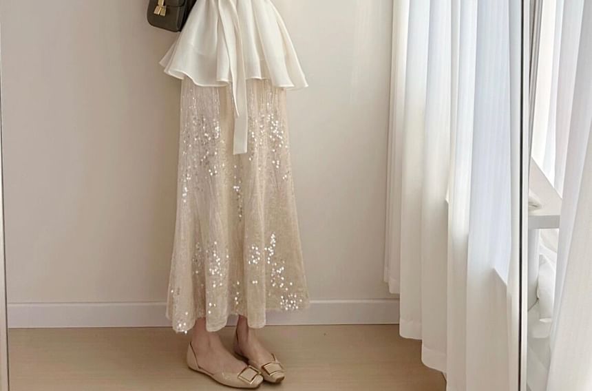 Long-Sleeve Collared Crepe Blouse Paired with Sequin Flared Midi Skirt