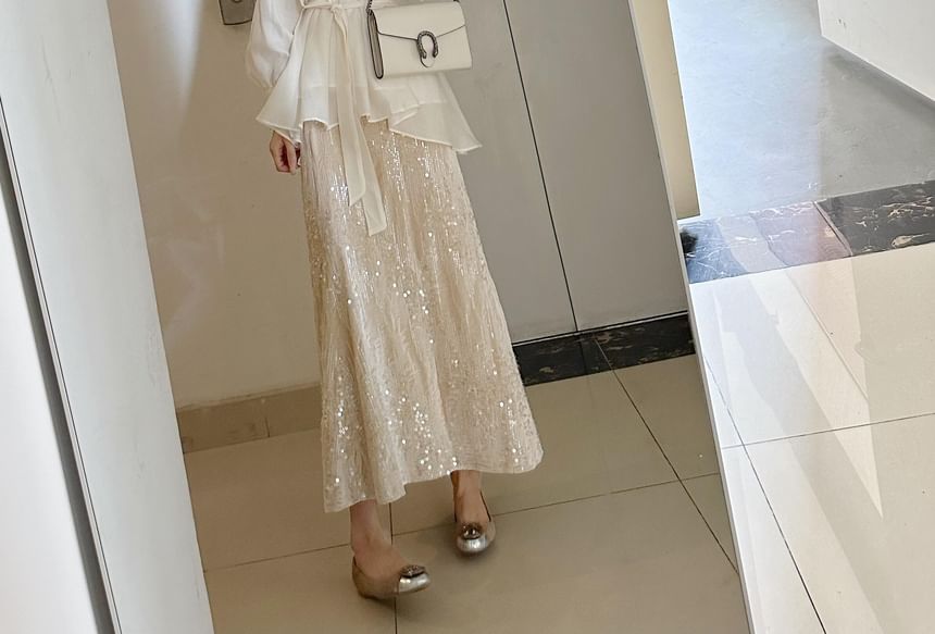 Long-Sleeve Collared Crepe Blouse Paired with Sequin Flared Midi Skirt