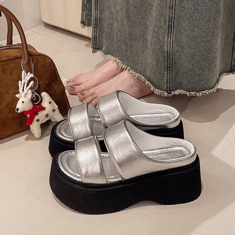 Slide Sandals Faux Platform Leather