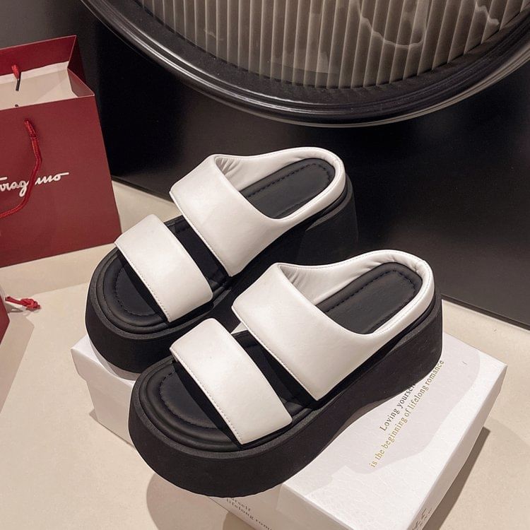 Slide Sandals Faux Platform Leather