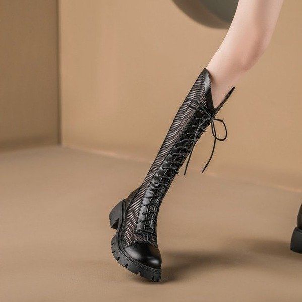 Panel Tall Platform Lace-Up Mesh Boots
