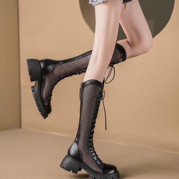 Panel Tall Platform Lace-Up Mesh Boots
