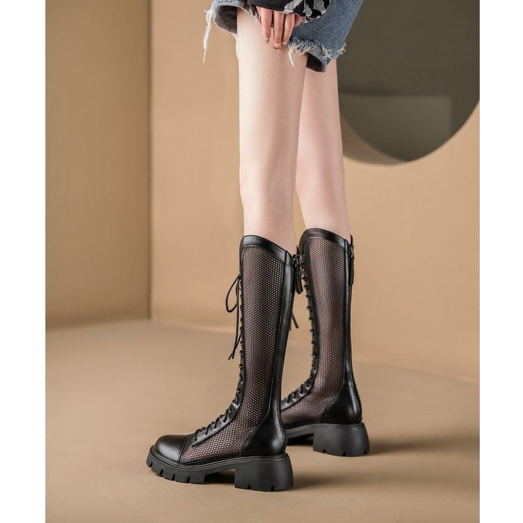 Panel Tall Platform Lace-Up Mesh Boots