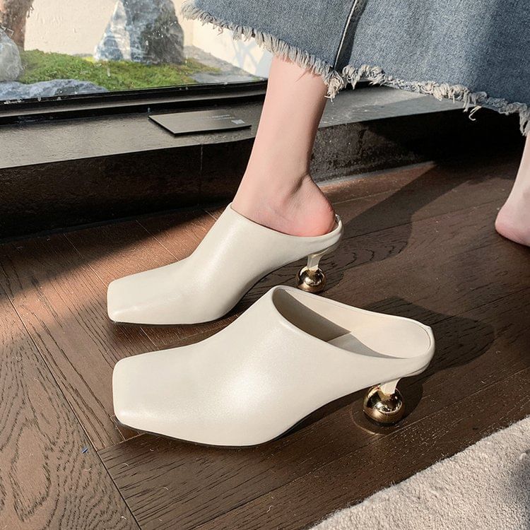 High Heel Square Toe Plain Faux Leather Mules