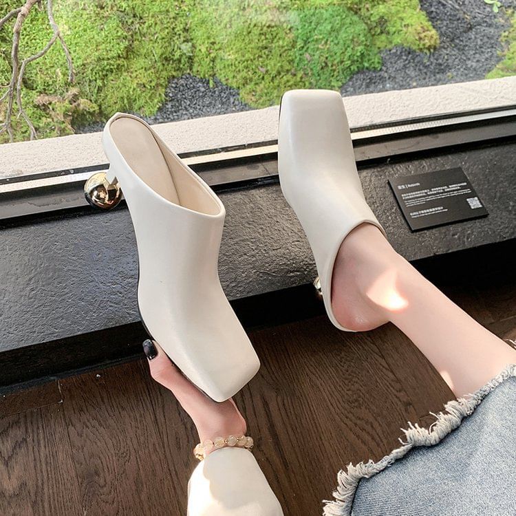 High Heel Square Toe Plain Faux Leather Mules