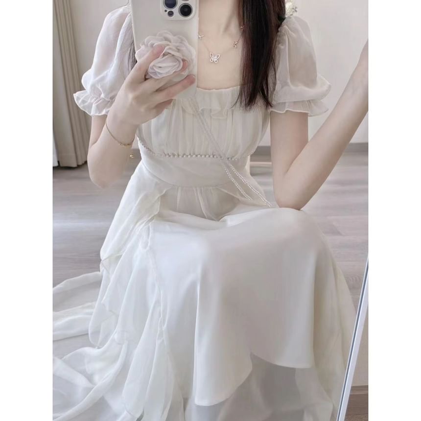 Short Sleeve Scoop Neck Plain Maxi A-Line Dress