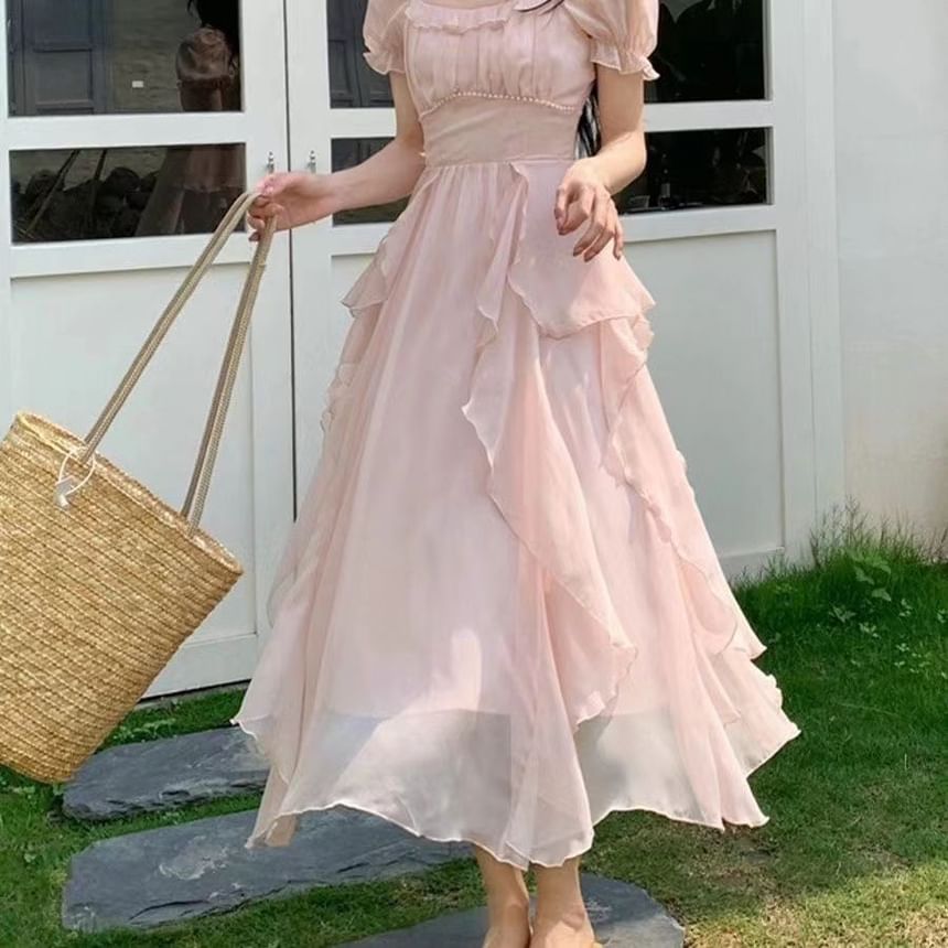 Short Sleeve Scoop Neck Plain Maxi A-Line Dress