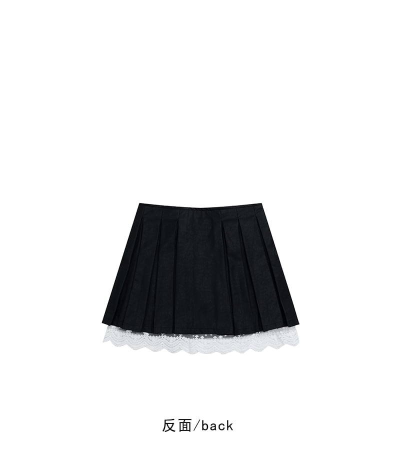 Two-Tone Buckled Pleated Lace Trim Mini A-Line Skirt with High Waist
