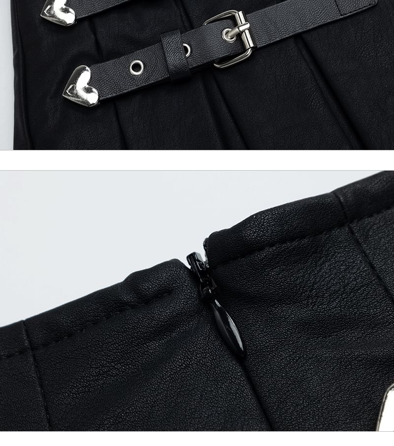 Two-Tone Buckled Pleated Lace Trim Mini A-Line Skirt with High Waist