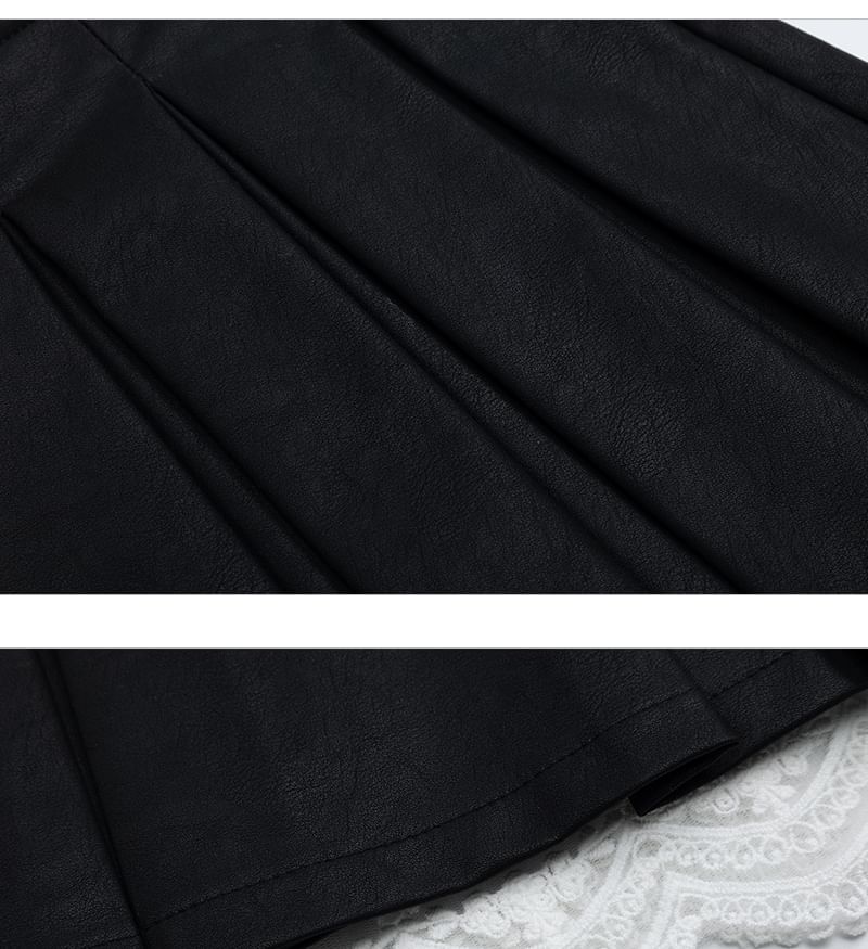 Two-Tone Buckled Pleated Lace Trim Mini A-Line Skirt with High Waist