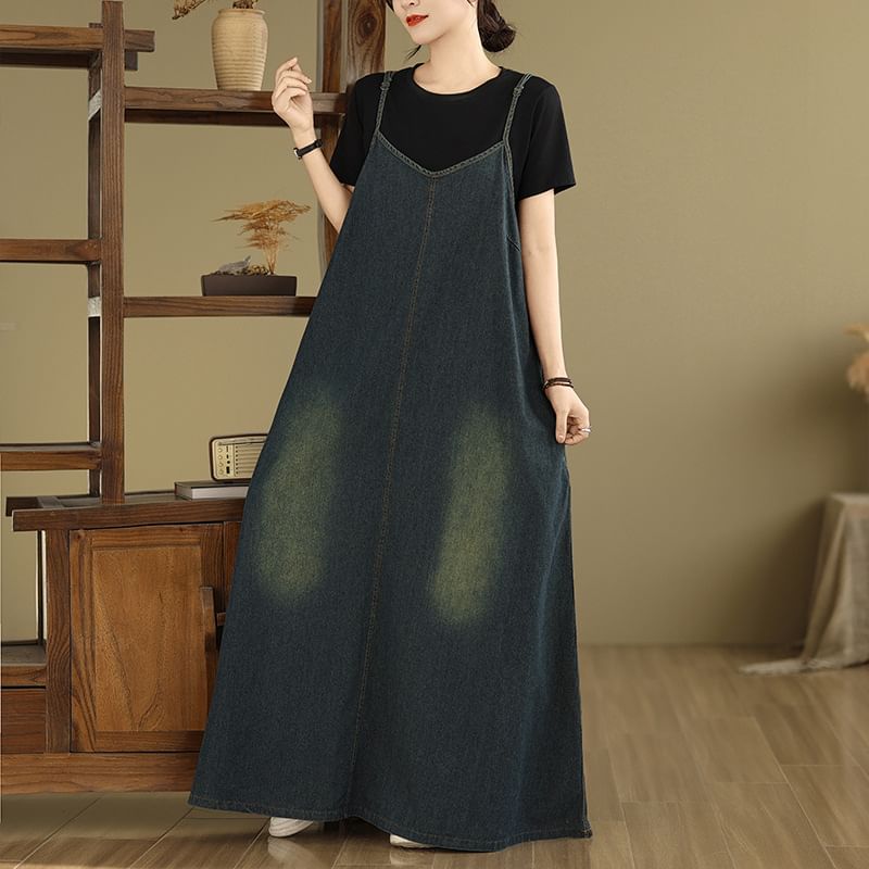 Washed Denim Spaghetti Strap V-Neck A-Line Maxi