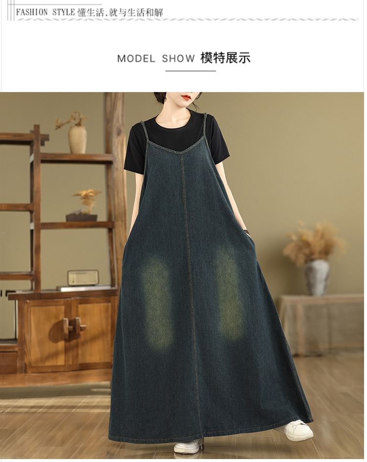 Washed Denim Spaghetti Strap V-Neck A-Line Maxi