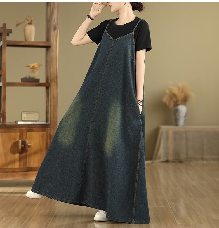 Washed Denim Spaghetti Strap V-Neck A-Line Maxi