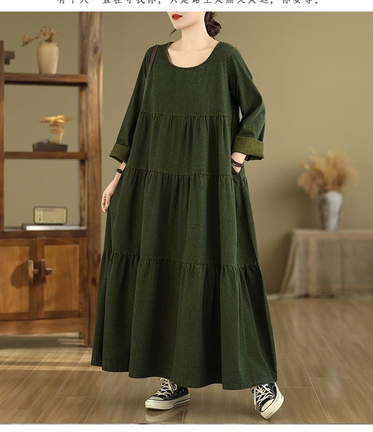 U-Neck Long Sleeve A-Line Maxi Dress