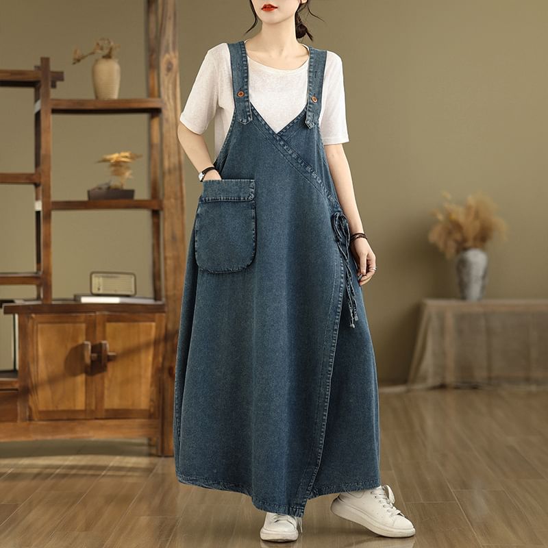 Denim V-Neck Sleeveless A-Line Maxi Dress
