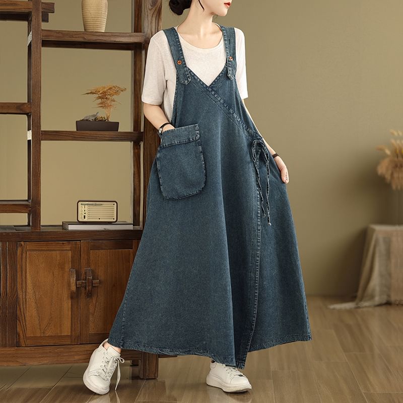 Denim V-Neck Sleeveless A-Line Maxi Dress