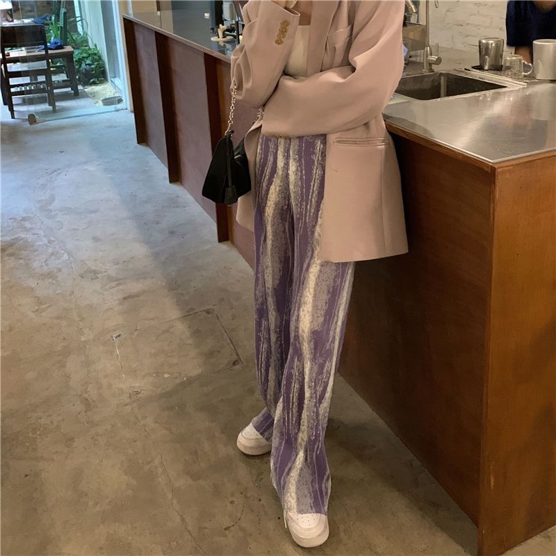 High Pants Wide Leg Pleated Patterned Rise Print