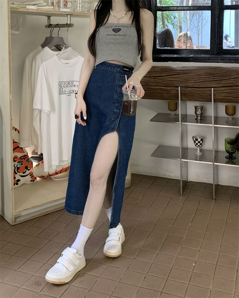 Denim Washed Skirt Midi High Asymmetrical Rise Pencil