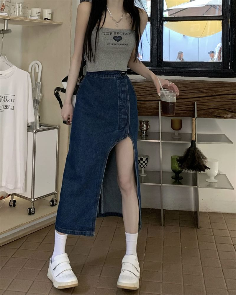 Denim Washed Skirt Midi High Asymmetrical Rise Pencil