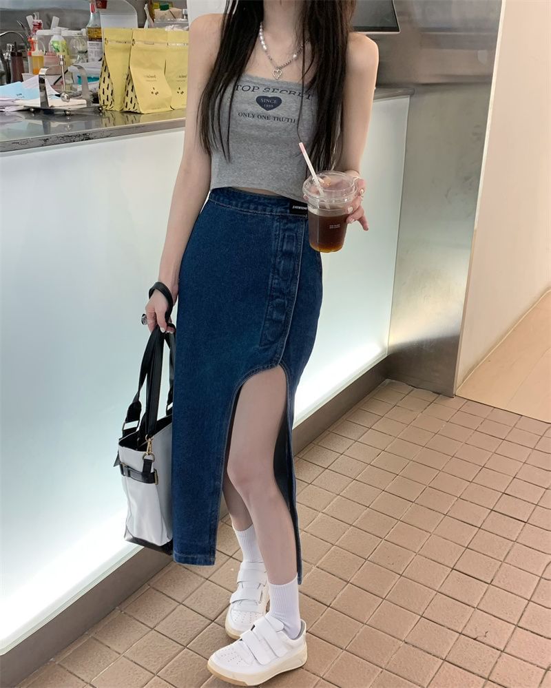 Denim Washed Skirt Midi High Asymmetrical Rise Pencil