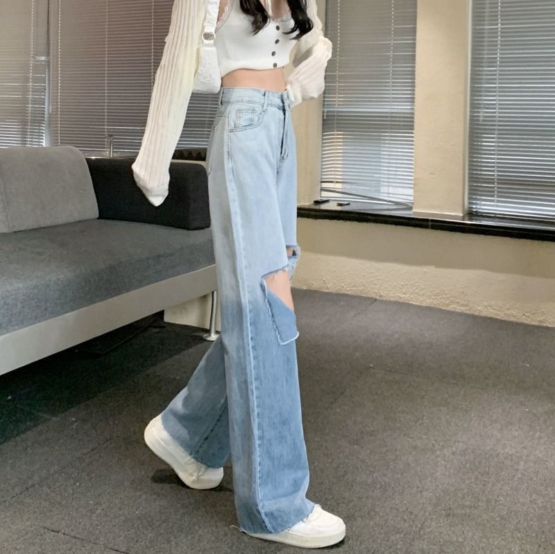 Wide Leg Distressed Gradient Washed Waist High Jeans