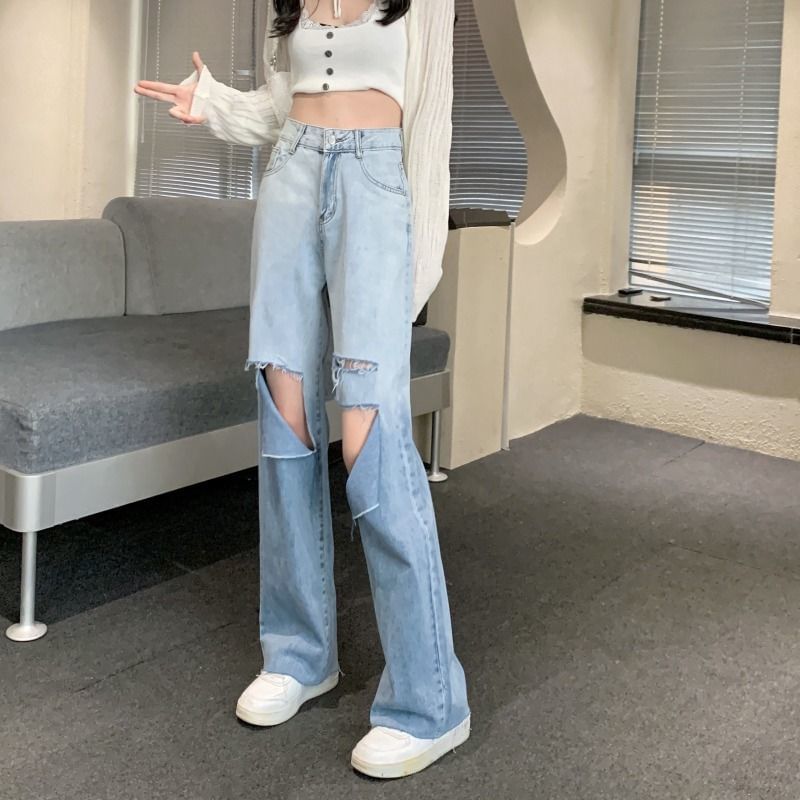 Wide Leg Distressed Gradient Washed Waist High Jeans