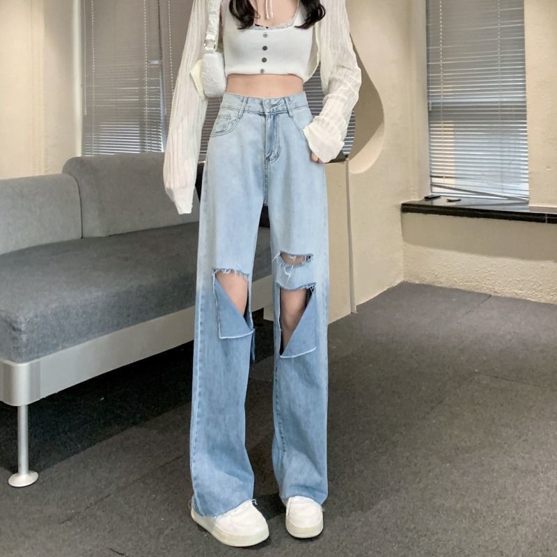 Wide Leg Distressed Gradient Washed Waist High Jeans