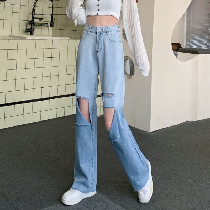Wide Leg Distressed Gradient Washed Waist High Jeans
