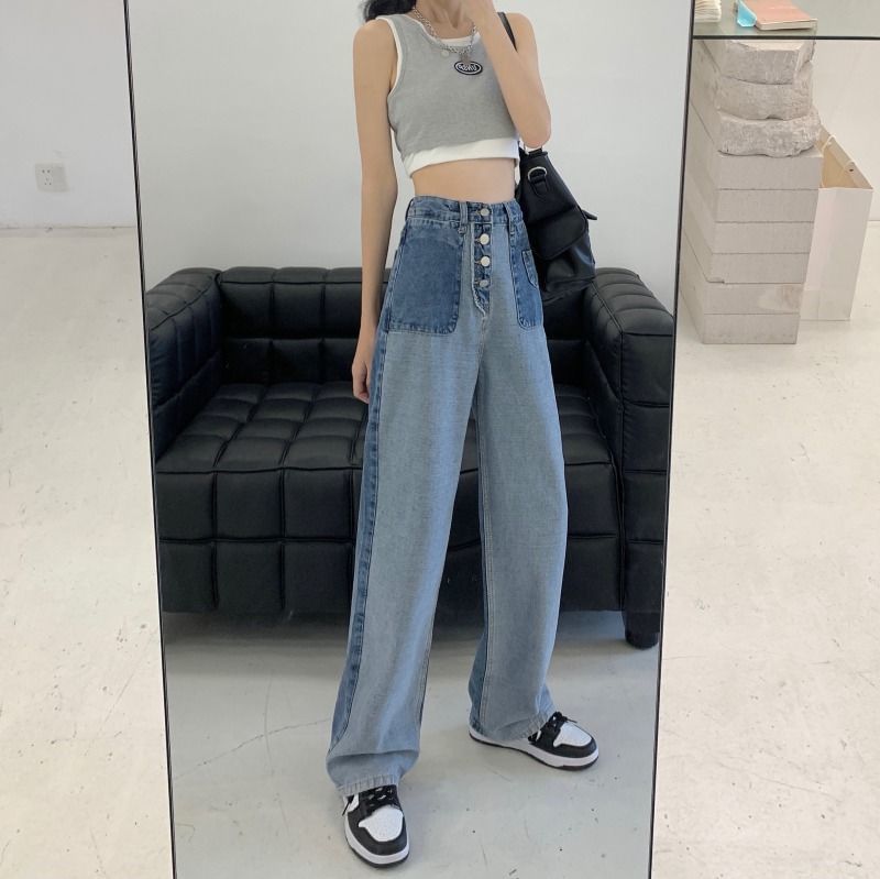 Wide Waist High Leg Panel Washed Jeans