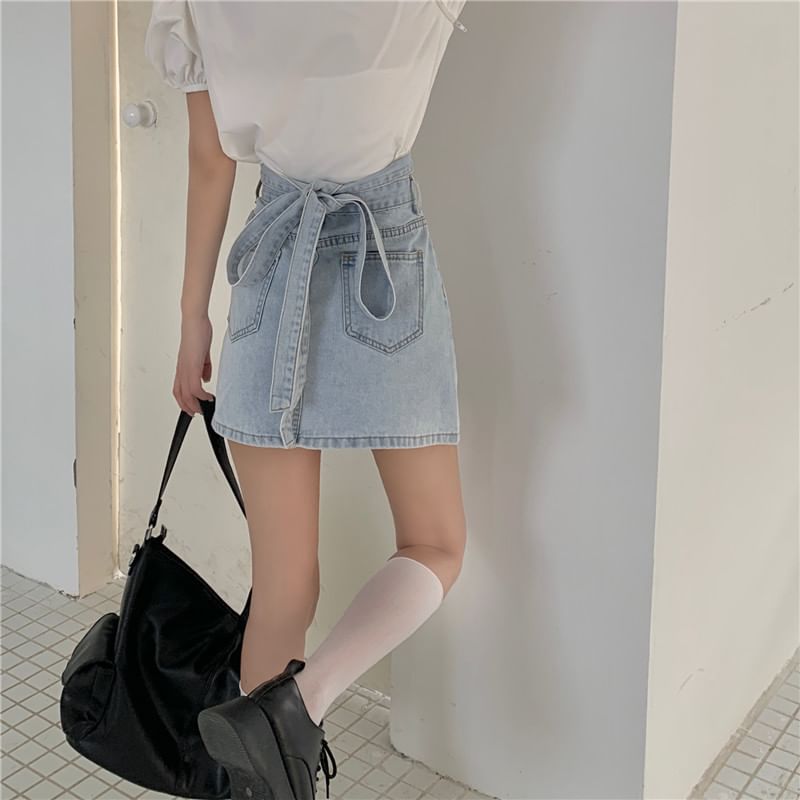 Washed Tie Back A-Line Skirt High Denim Rise Mini
