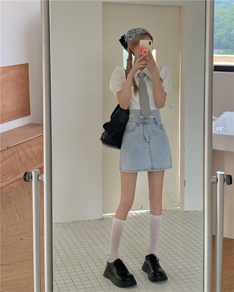 Washed Tie Back A-Line Skirt High Denim Rise Mini