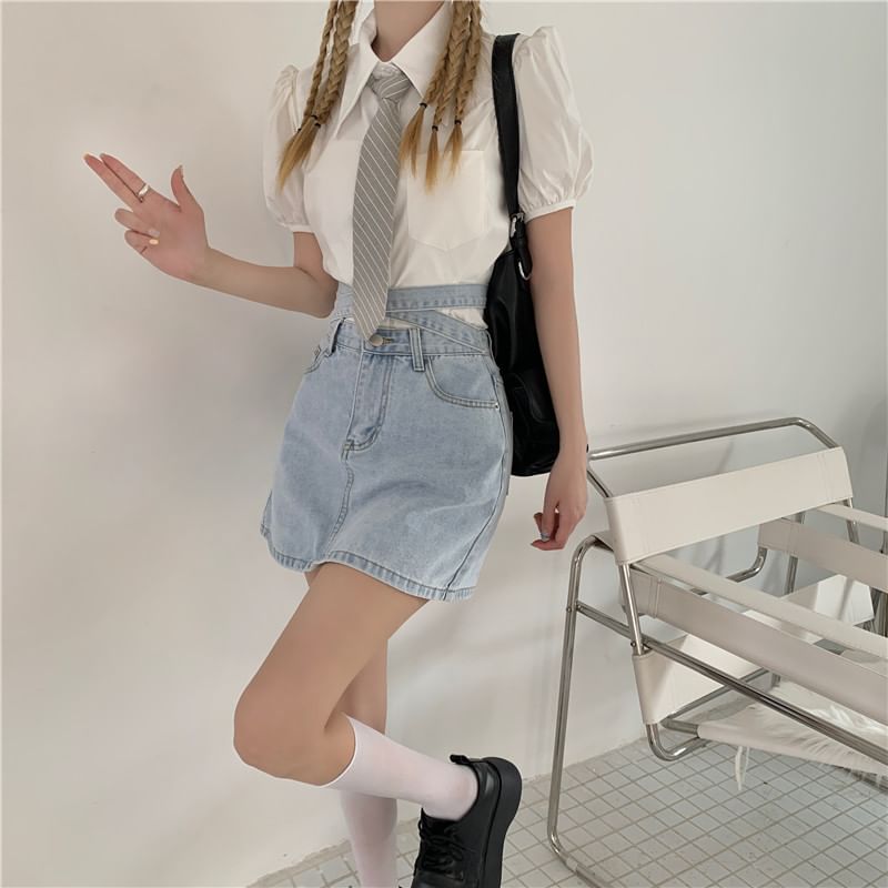 Washed Tie Back A-Line Skirt High Denim Rise Mini