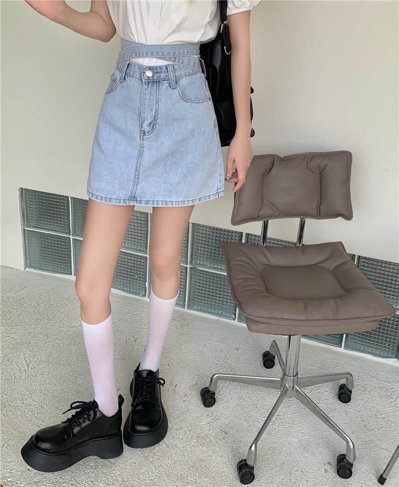 Washed Tie Back A-Line Skirt High Denim Rise Mini