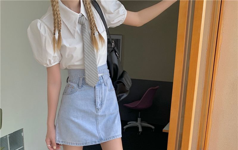 Washed Tie Back A-Line Skirt High Denim Rise Mini