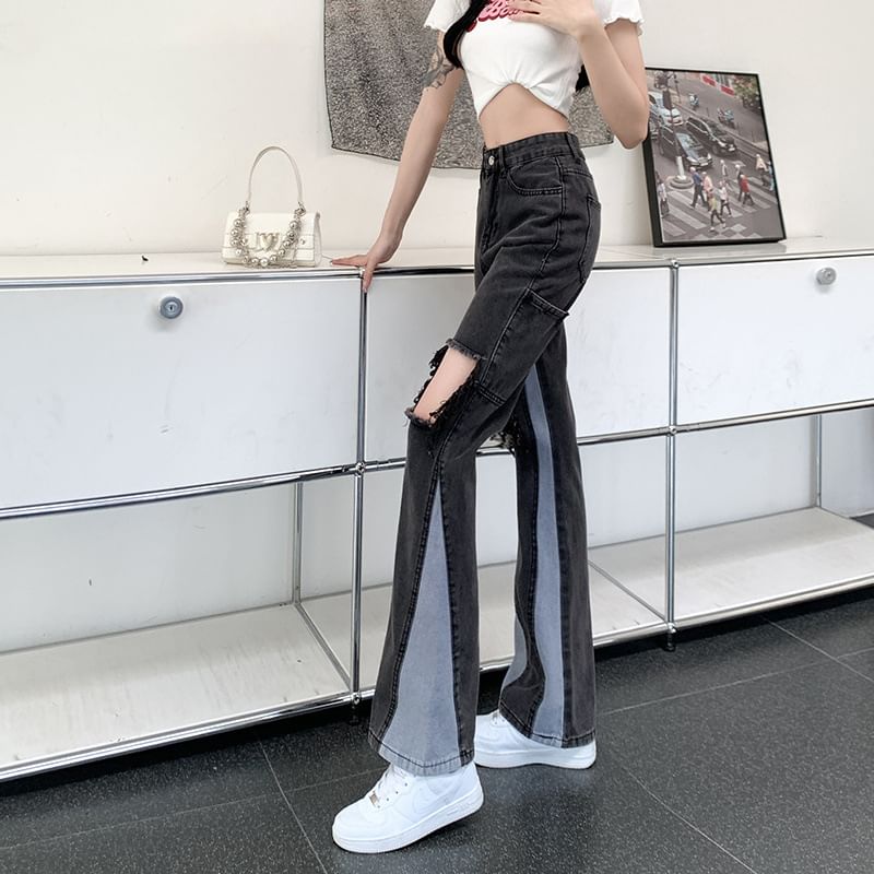 Waist Jeans Distressed Washed Panel Flared High