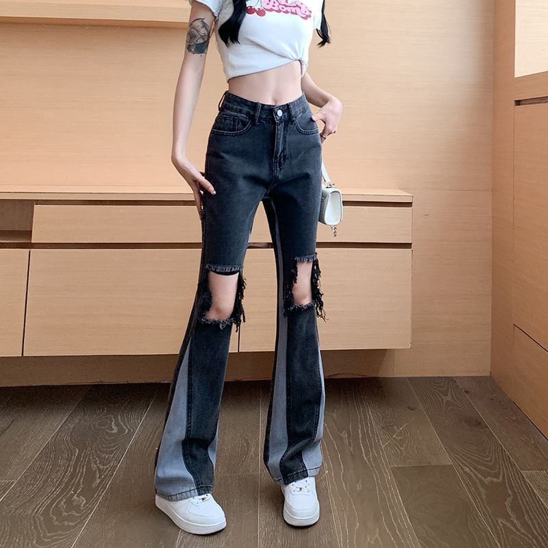 Waist Jeans Distressed Washed Panel Flared High