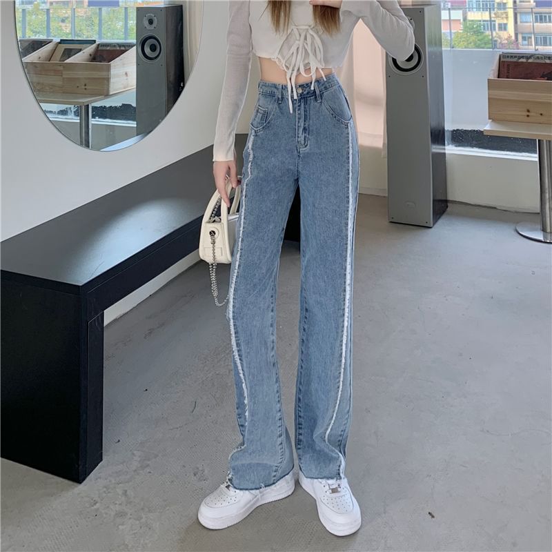 Jeans Washed Fray Panel Rise Leg High Wide
