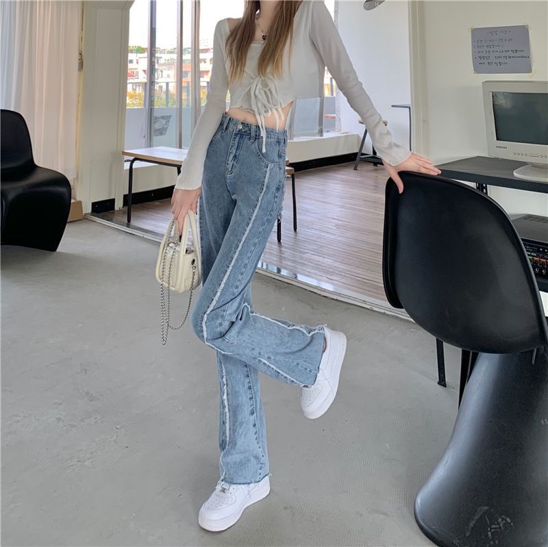 Jeans Washed Fray Panel Rise Leg High Wide