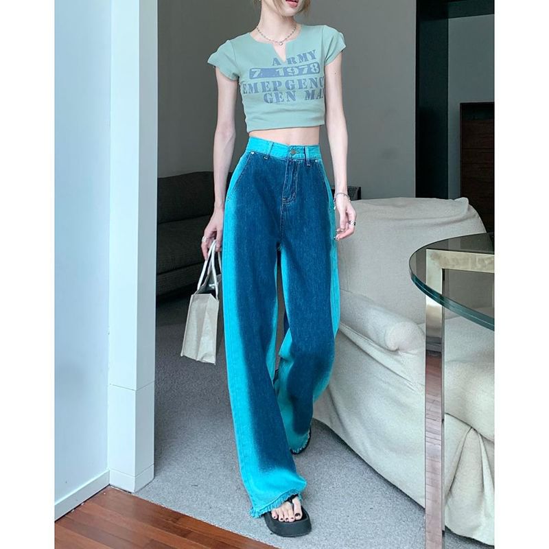 Rise Jeans Leg Washed Wide High Fray