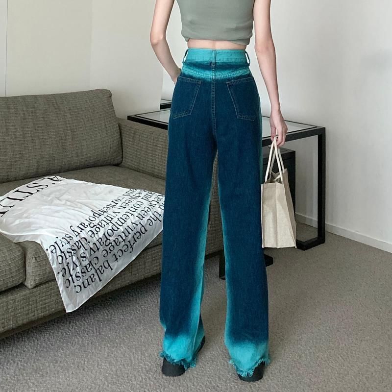 Rise Jeans Leg Washed Wide High Fray