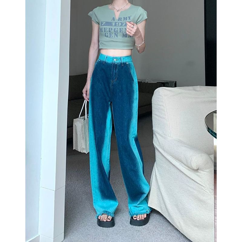 Rise Jeans Leg Washed Wide High Fray