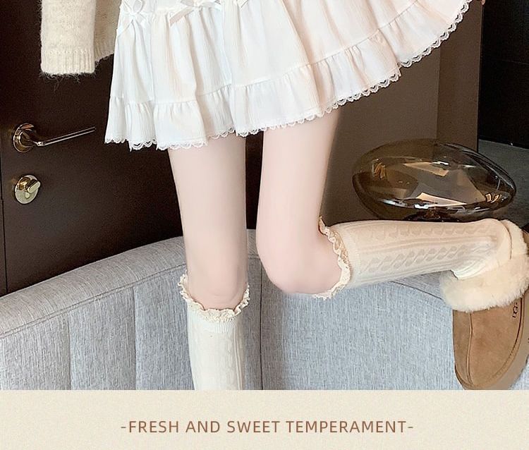 Waist Elastic Bow Skirt Ruffle A-Line Mini Plain