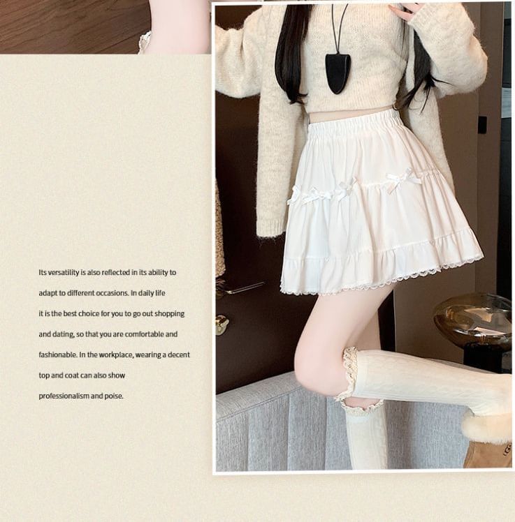 Waist Elastic Bow Skirt Ruffle A-Line Mini Plain