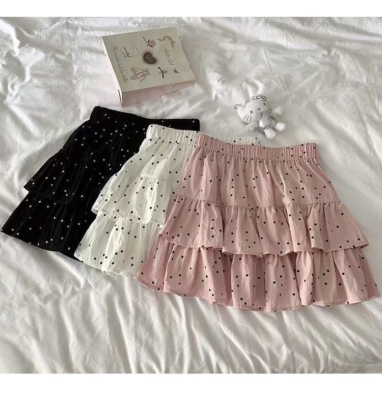 Dotted Mini Skirt Elastic Ruffle A-Line Waist