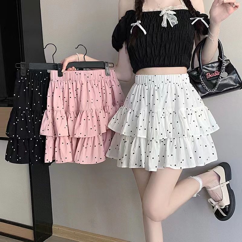 Polka-Dot Mini Flared Skirt with Ruffled Hem and Stretch Waist