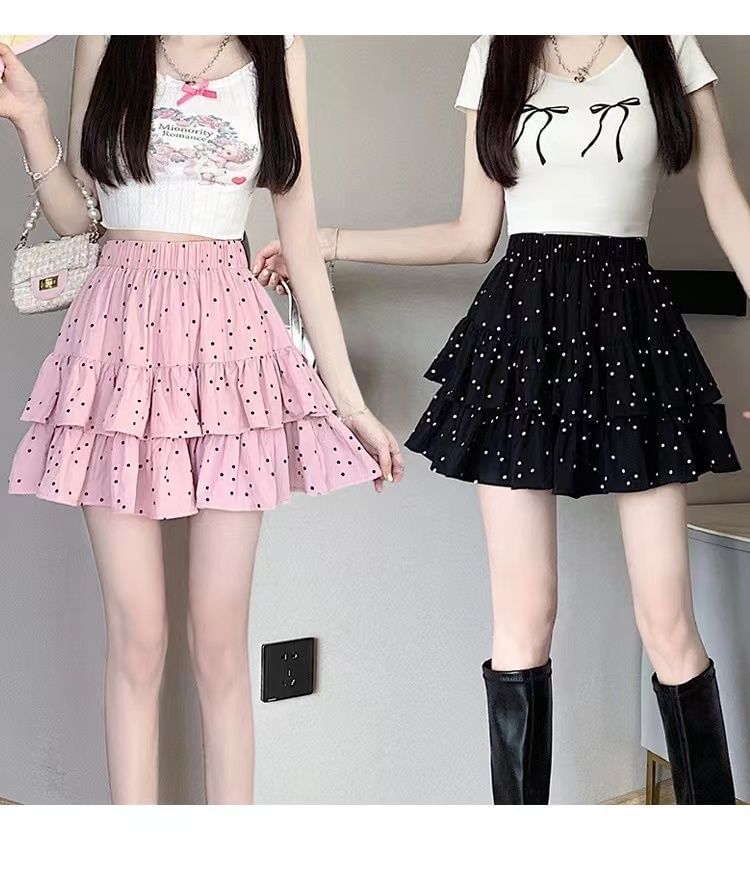 Dotted Mini Skirt Elastic Ruffle A-Line Waist